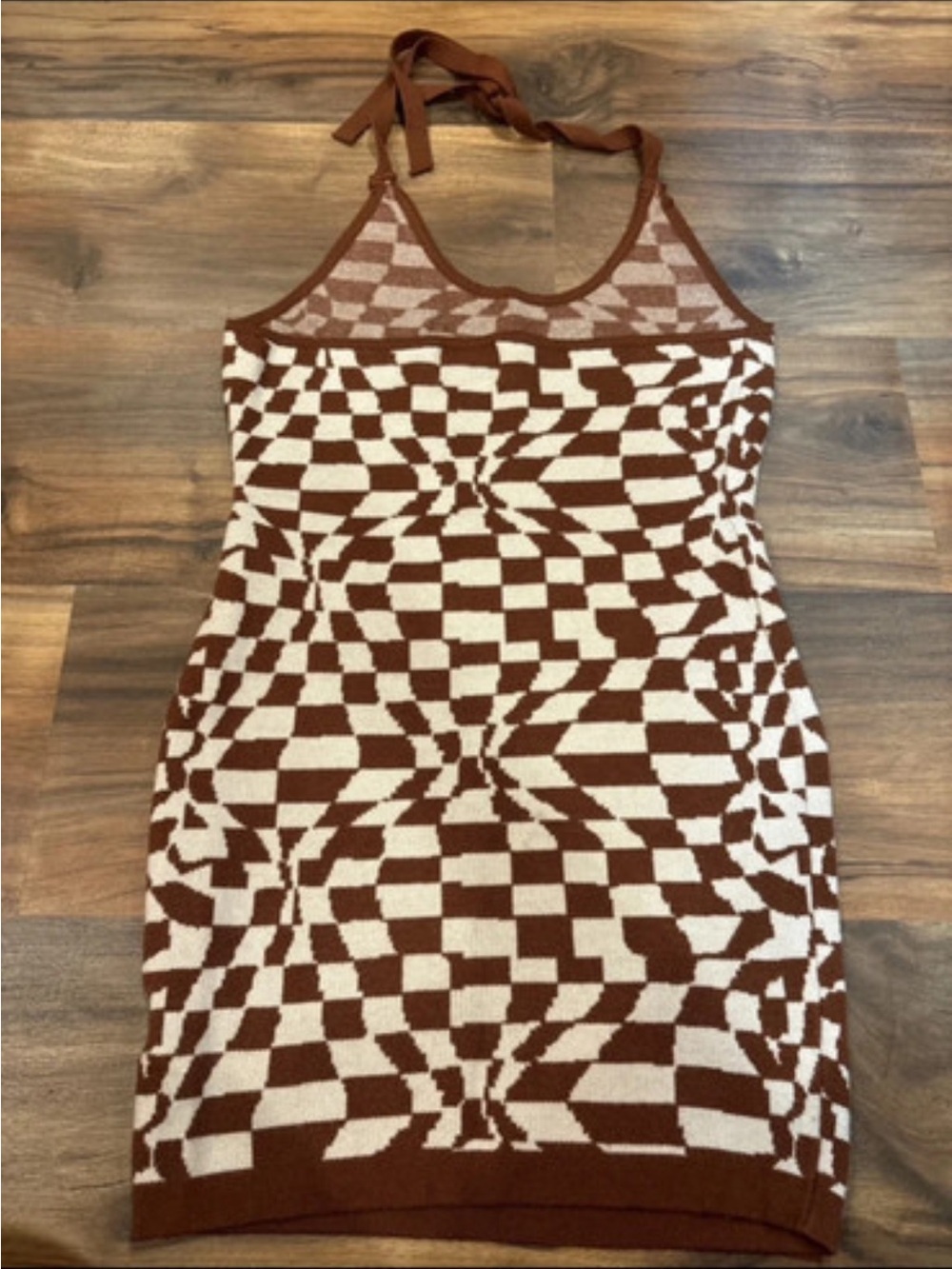 Princess Polly Brown & Cream Geometric Halter Mini Dress - Picture 2 of 3